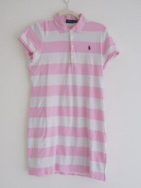 Polo Ralph Lauren Pink White Striped Pony Logo Cotton Shirt Dress Preppy L